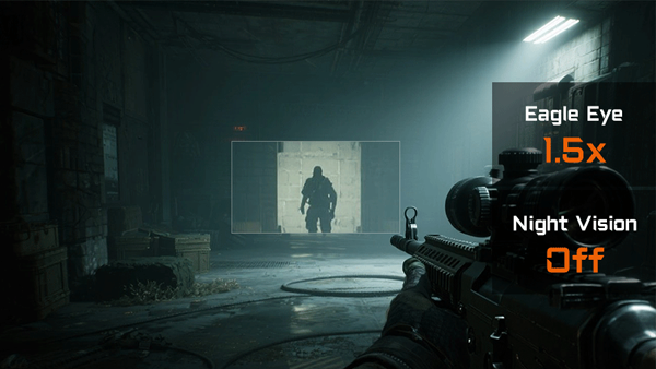 FPS game with Night Vision and Eagle Eye active, revealing and zooming into a distant enemy.