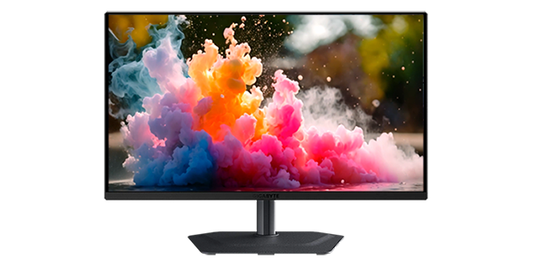 MO27Q3 Gaming Monitor displaying multi-coloured smoke floating atop water.