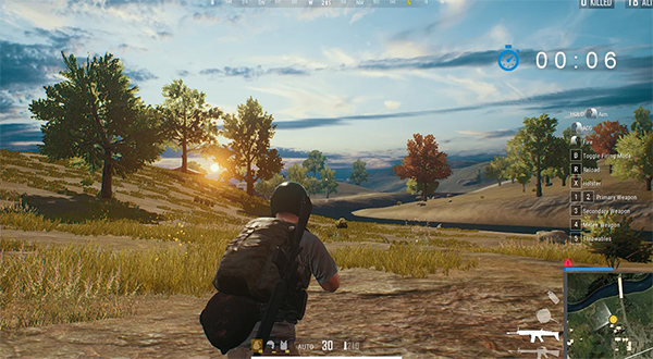 PUBG gameplay with on-screen timer feature active.