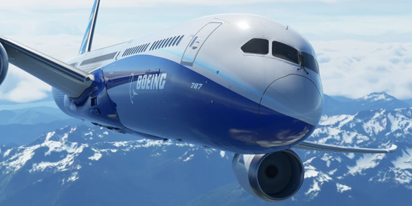 Front angle of BOEING aircraft in Microsoft Flight Simulator, in flight, with snowy mountains in the background.