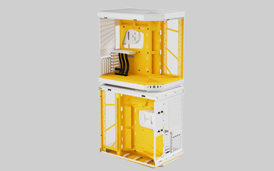 Dual chamber design of the case, highlighted with a yellow overlay.
