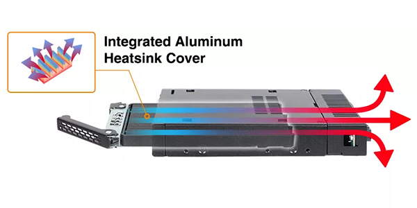 Side angle of 8-Bay mobile rack with blue-to-red gradient arrows, illustrating thermal efficiency by heat exiting the fans