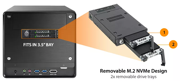 ToughArmor M.2 mobile rack next to a 3.2-inch bay