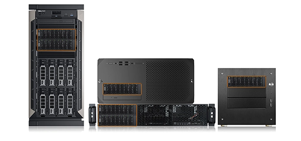 A set of high performance computers illustrated with an orange outline in the zone where the 8-bay mobile rack can be placed