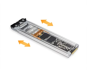 M.2 tray with illustrated arrows for locking the M.2 into place for installation step: 3
