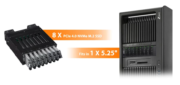 8-Bay mobile rack illustrated with M.2 drives partially inserted to highlight storage efficiency