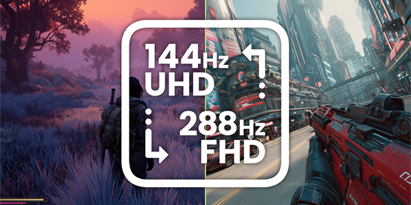 Adventure game and FPS side by side, highlighting dual refresh rate functionality.