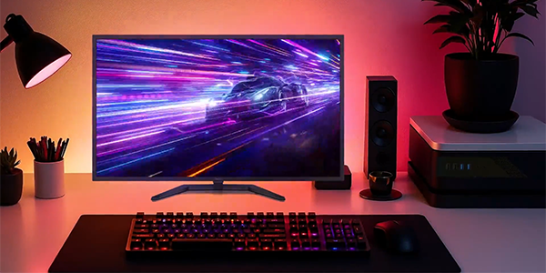 Lifestyle scenario of G-MASTER on desktop displaying immersive racing game.