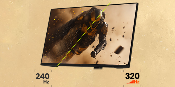 G-Master monitor with soldier on-screen with split comparison between 320hz and 240hz.