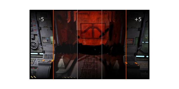 Black tuner feature illustrated by 5 brightness sections overlaying a dark video game.