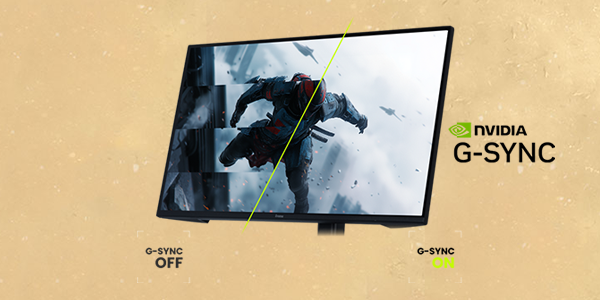 G-Master monitor with soldier on-screen with split comparison between g-sync on and off.