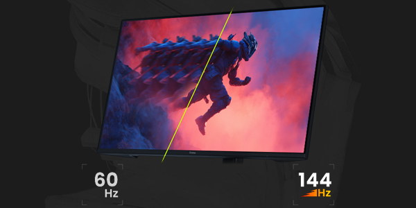 G-Master monitor with man running on-screen, split with staggered 60hz running against clear 144hz running.