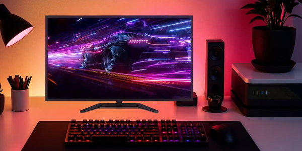 G-Master monitor on desk aside peripherals with futuristic racecar on-screen.