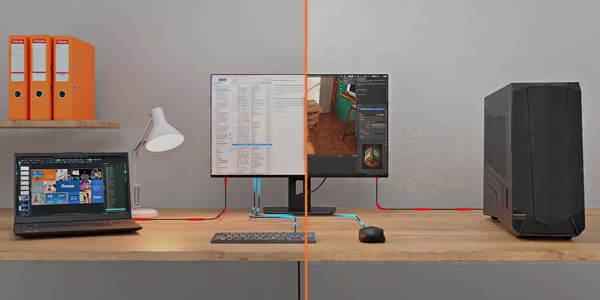 G-Master monitor on desk with KVM setup, scene split between business software against creative software.