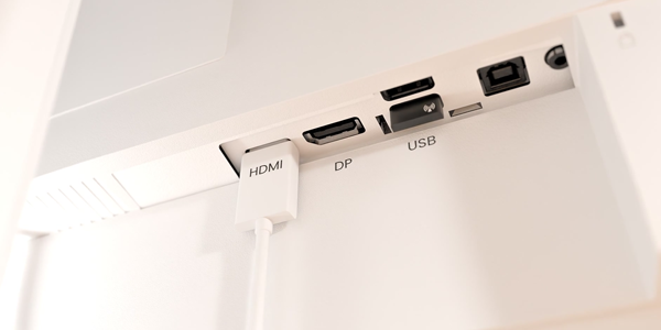 Bottom rear angle of ProLite monitor showing HDMI, DisplayPort and USB connectivity.