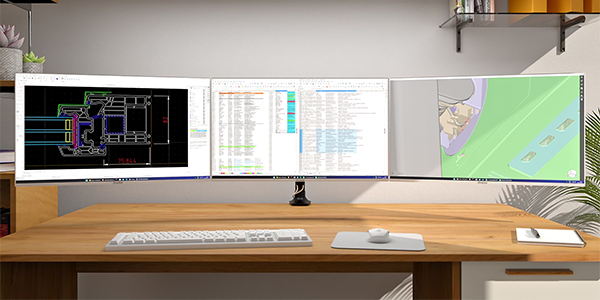 ProLite tri-monitor setup on desk with planning, data and 3d design software spread across the screens.