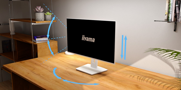 ProLite monitor on desk surrounded with arrows to illustrate height, swivel and tilt adjustments.
