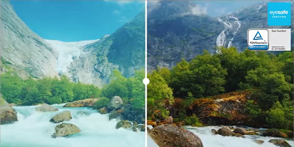 Eye Safe technology illustrated by rocky mountain with stream - half image blue hue, half image clear.