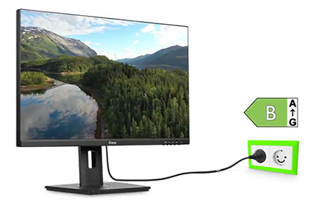 ProLite monitor displaying green mountains and lake on-screen with power cable attached to monitor and plugged into a power outlet.