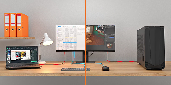 ProLite monitor with cables connecting to laptop and PC with screen split between both systems.