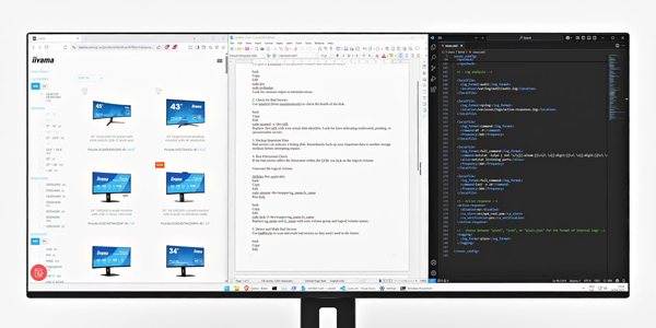 Web browser, word editor and coding software split into 3 vertical sections on-screen.