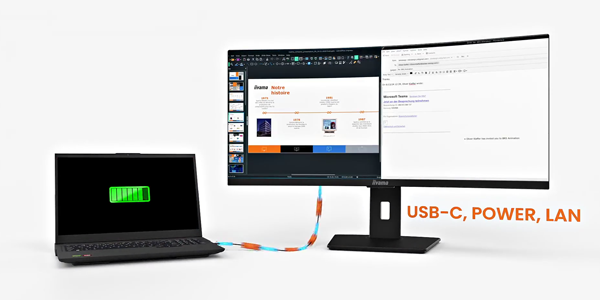 Laptop connected to ProLite monitor via USB-C cable.