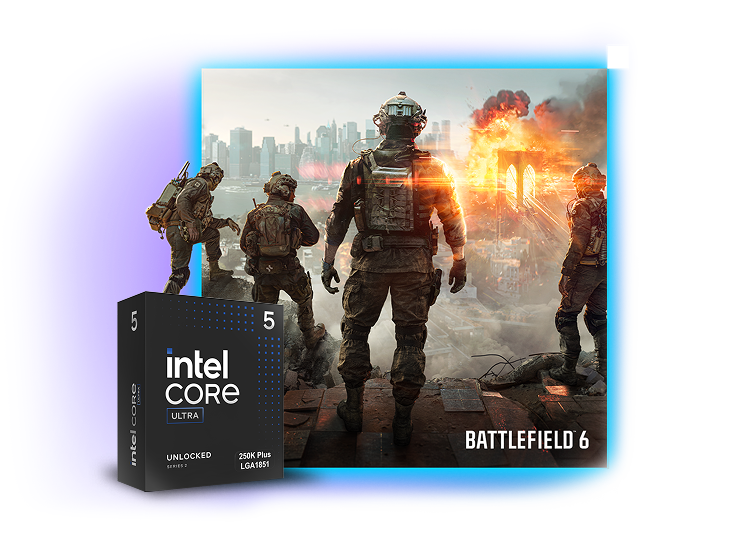 Image of Battlefield 6 soldier with Intel Core ultra 5 250K Plus CPU box 