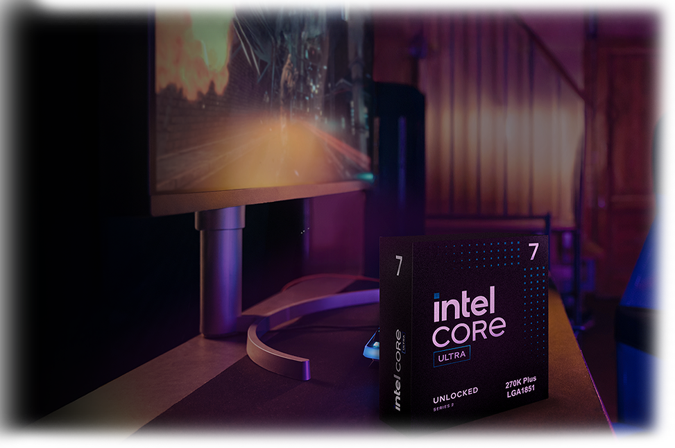 Feature image of Intel Core 7 ultra 270K PLUS Box on a desk with gaming monitor and mouse mat