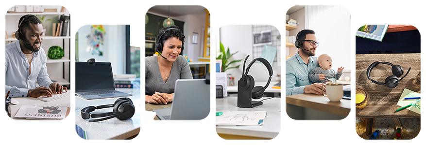 Multiple lifestyle images of users of the Jabra Evolve2 55 headset.