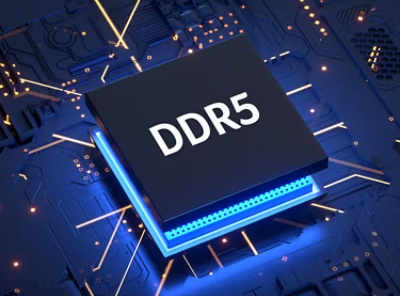 DDR5 Chip on a motherboard style background.