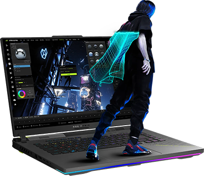 Image showing a character standing on the laptop and a powerful 3D engine on screen