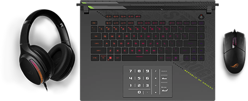 Top view of keyboard showing RGB lighting synced next to a headset and mouse
