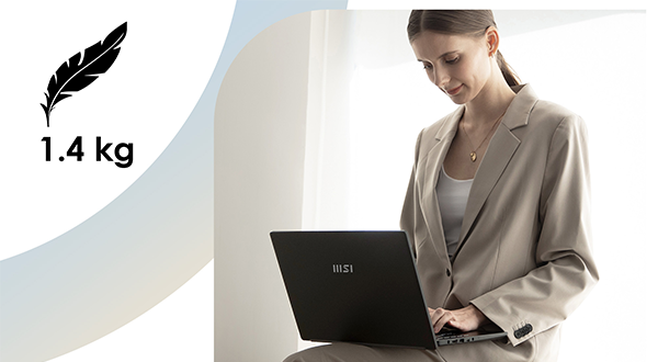 Modern 14 laptop on businesswoman's knee as she works on it - highlighting 1.4KG lightweight design.