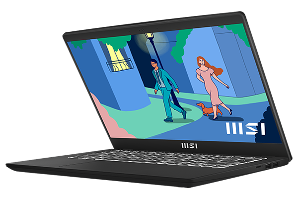Angled Modern 14 Laptop, displaying hand-drawn digital art on-screen.