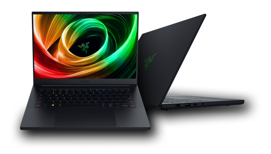 Razer Blade 14 (2025) on sandy, grainy background showing front view and side view of laptop