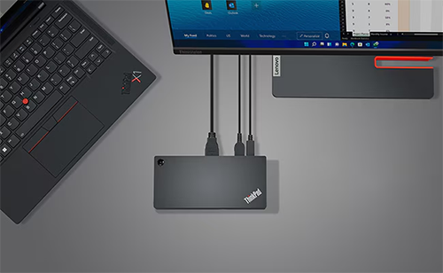 Top down view of the ThinkPad dock on a desk setting