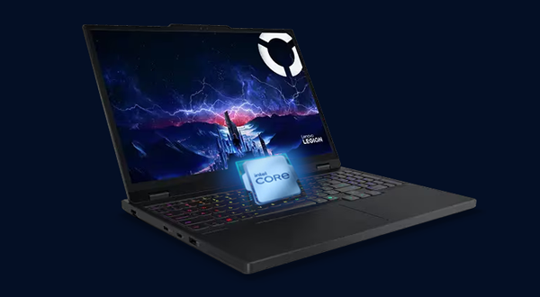Intel Core CPU illustration floating above keyboard with lightning effects