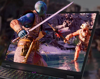 cinematic shot of two characters pointing weapons on laptop screen