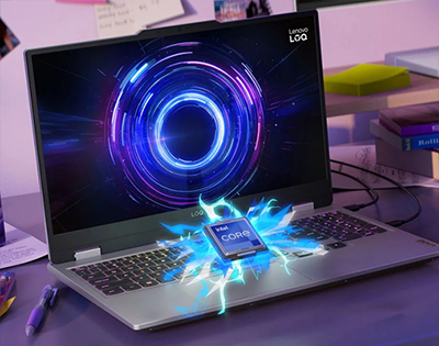 Intel Core CPU illustration floating above keyboard with lightning effects