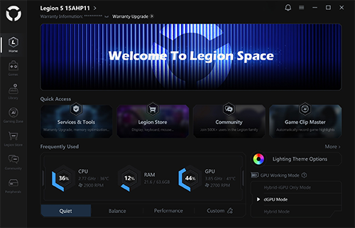 Legion Space main menu showing hardware temperature, lighting options and AI features.