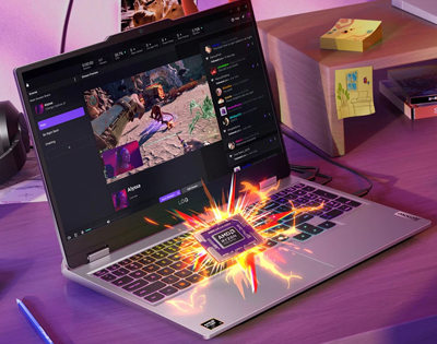 AMD Ryzen CPU illustration floating above keyboard with lightning effects