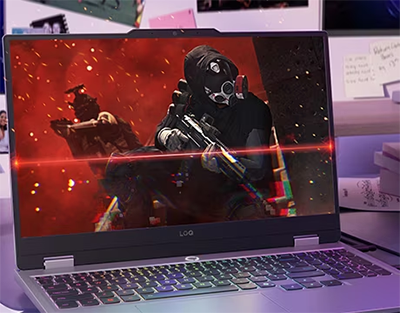 cinematic shot of enemy pointing gun behind wall in red setting on laptop screen