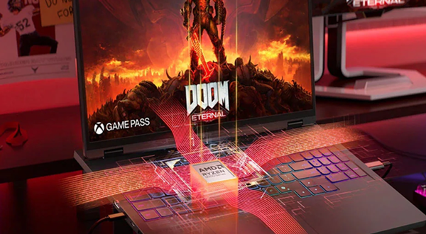 AMD Ryzen CPU illustration floating above keyboard with lightning effects