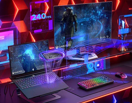 laptop on gaming room setup desk with Lenovo AI Core graphic and gameplay character