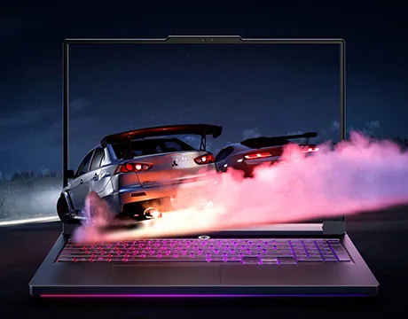 sports car speeding out of laptop screen with engine fume effects