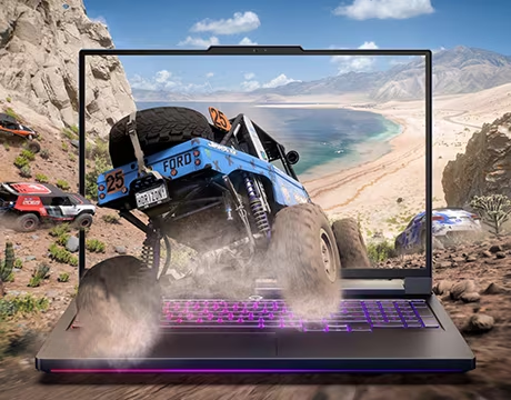 sports car speeding out of laptop screen with engine fume effects