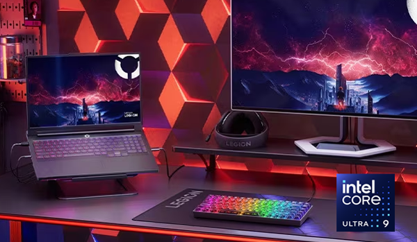 Intel Core Ultra CPU logo on image of laptop and monitor gaming setup