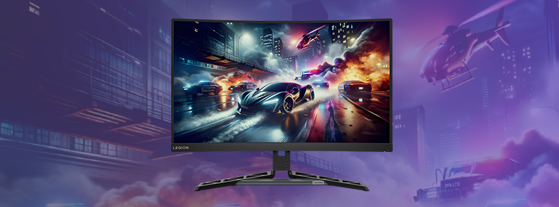 Monitor with futurustic sports car driving through a night city on the screen