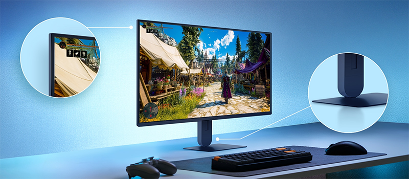 Monitor on a desk with close ups of borderless frame and stand