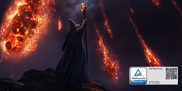Pyromancer with staff, summoning flaming comets from the sky. Anti-Blooming certification in the bottom right corner.
